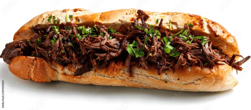 Poster a standalone bread topped with shredded beef on a white backdrop with copy space image