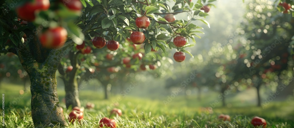 Poster an organic apple tree in a lush orchard with space for text or image insertion. with copyspace image