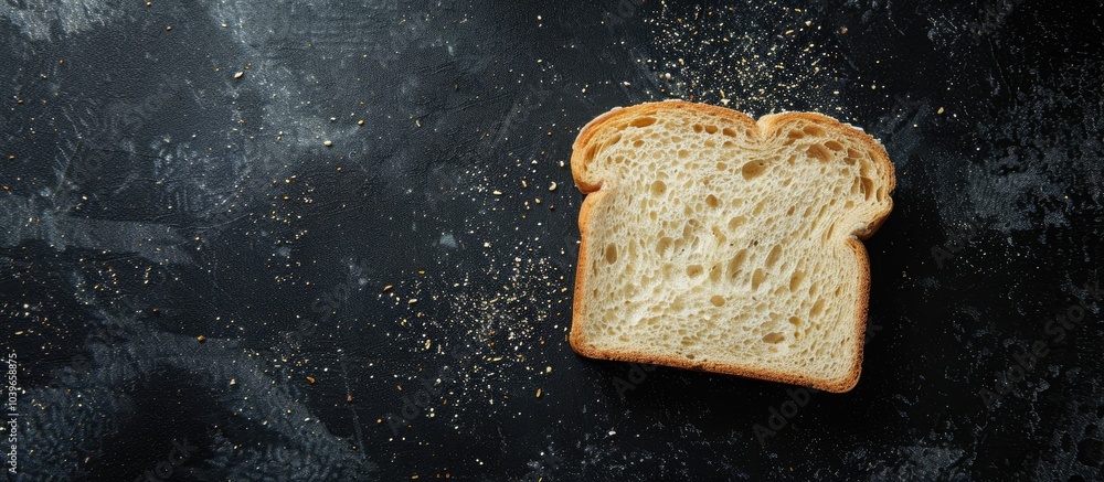 Poster close up of a slice of white bread on a black background with a textured surface and copy space imag