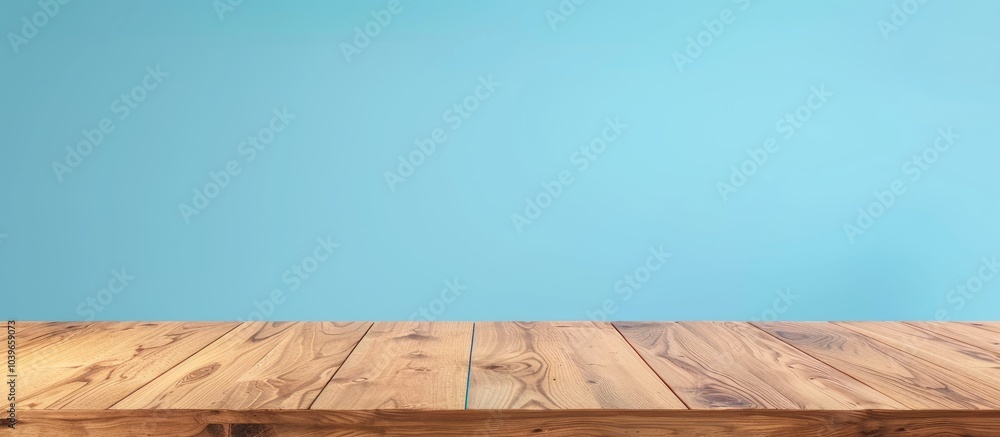 Poster wooden table top with empty space for display against a blue wall background ideal for showcasing pr