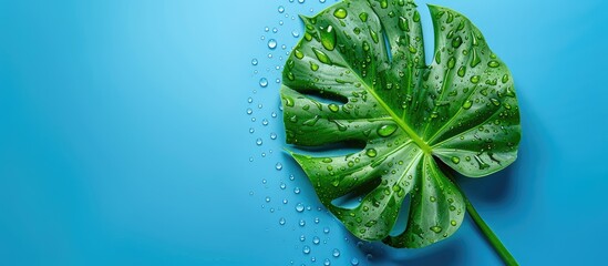 Obraz premium Top view of a wet green monstera leaf with water drops on a blue background creating a summer vacation concept providing a flat copy space image