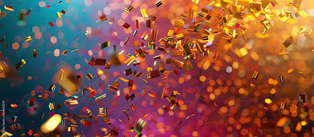 Poster top down view of shiny gold confetti spread on a colorful backdrop with ample space for additional i