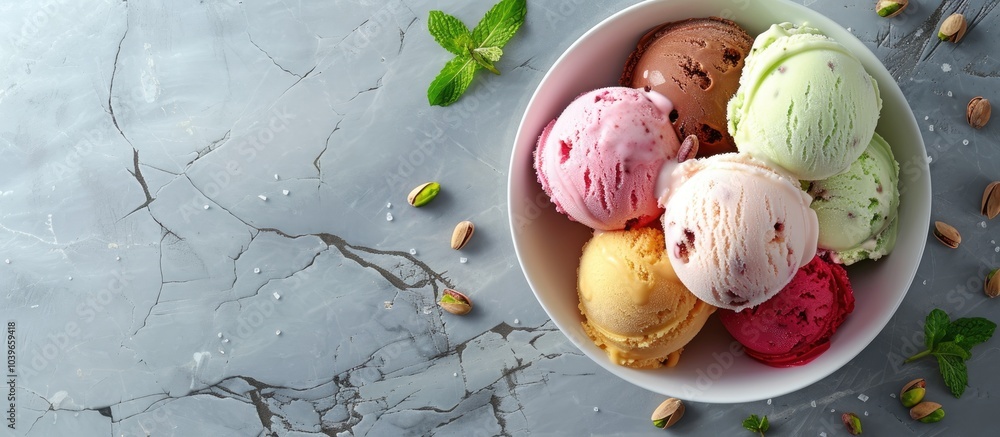 Poster an array of colorful ice cream scoops in a white bowl adorned with pistachio nuts chocolate and mint