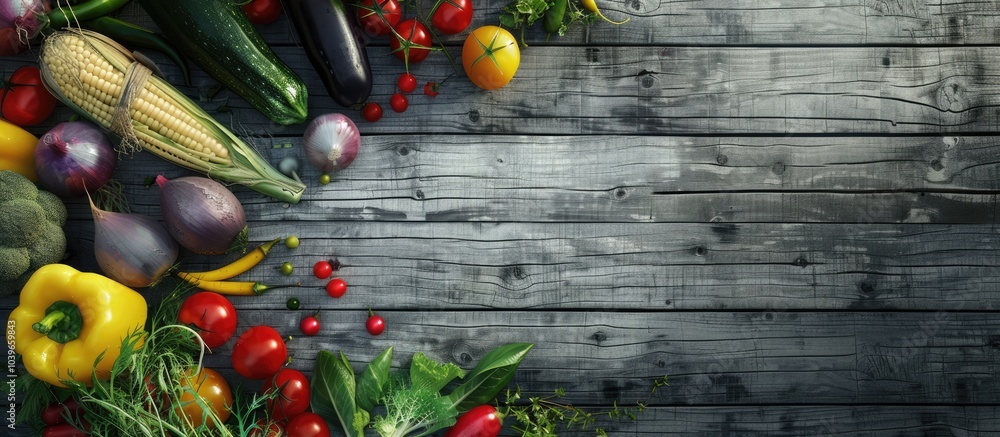 Aufkleber assorted fresh vegetables displayed on a gray wooden backdrop with copy space image