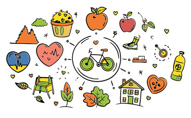 healthy lifestyle infographic, bicycle sport house food water
