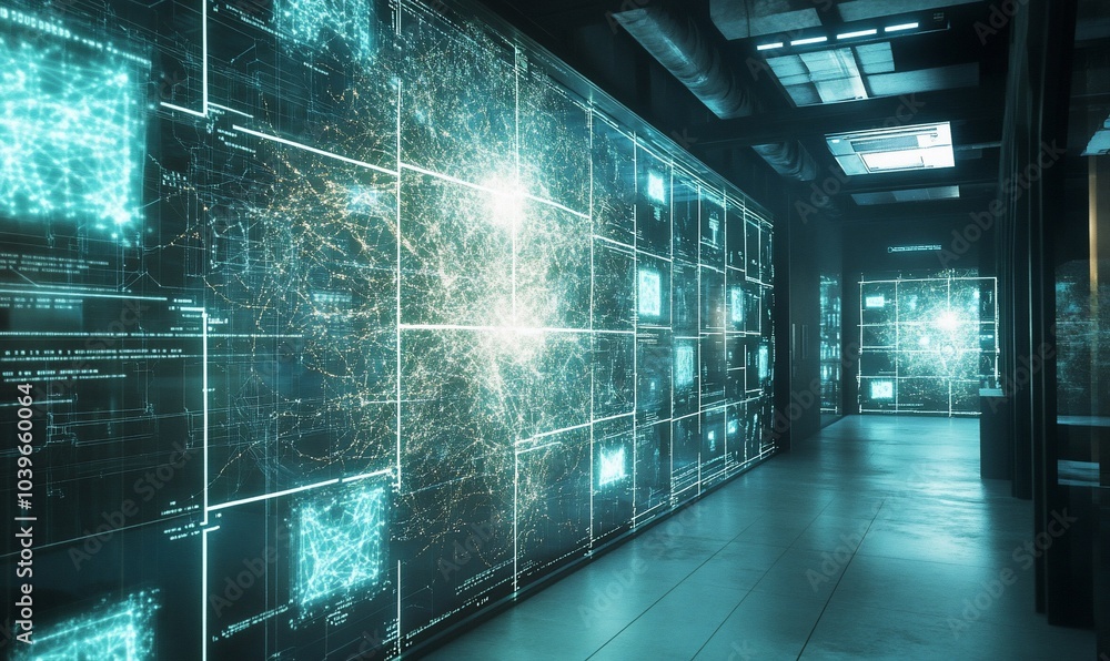 Poster futuristic server room with glowing digital interfaces on the wall.