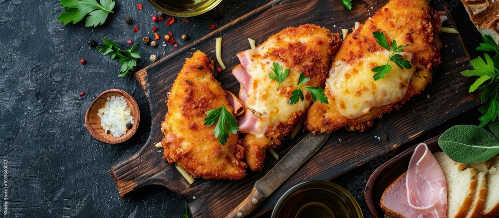 Poster rustic top view appetizer displaying a fresh natural cutlet cordon bleu with chicken ham and cheese 