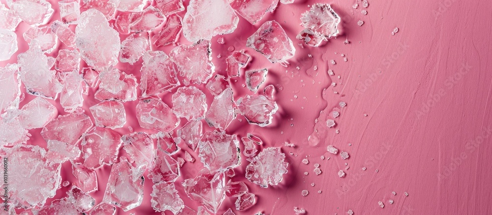 Poster top view of crushed ice on a pink background with copy space image available for text