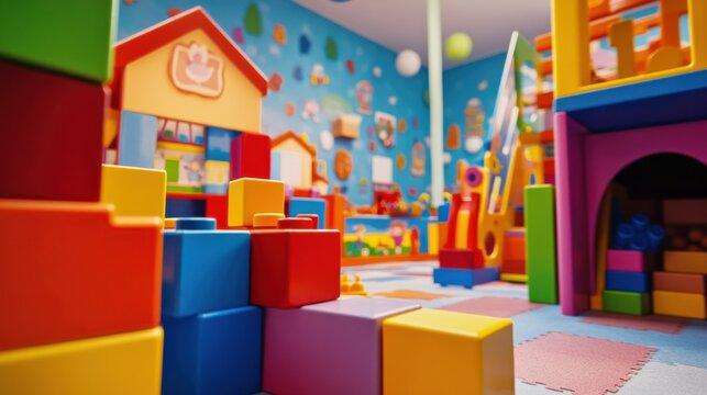 A vibrant children's playroom filled with educational blocks, Blocks sorted in thematic play areas, Educational play style