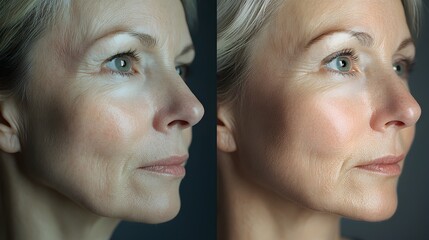 Before-and-after comparison of a woman's face post-facelift, showing rejuvenated skin and youthful features, soft lighting, clean background, Photorealistic, High Detail