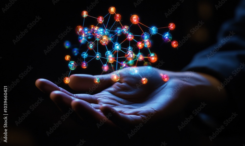 Aufkleber hand holding a glowing digital network of interconnected nodes.