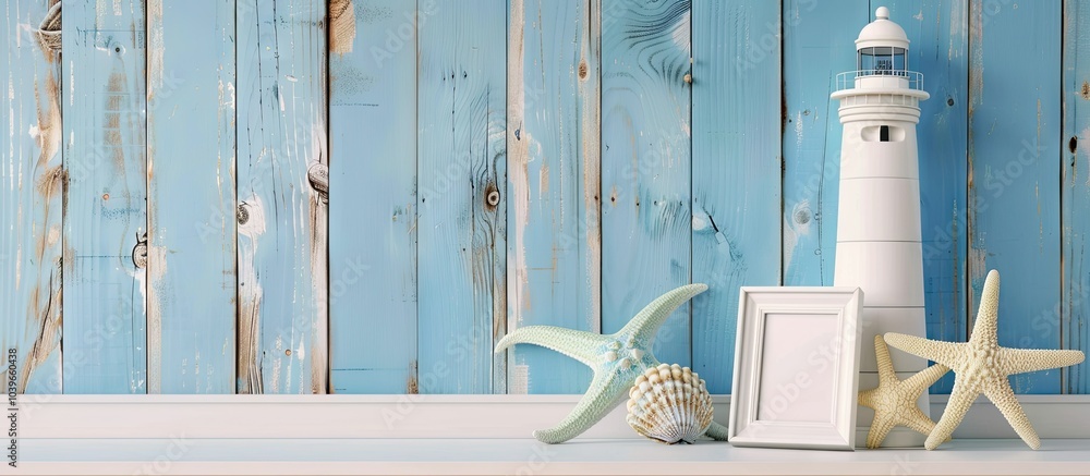 Poster mockup with a lighthouse starfish and an empty frame on a white shelf set against a pastel wooden ba