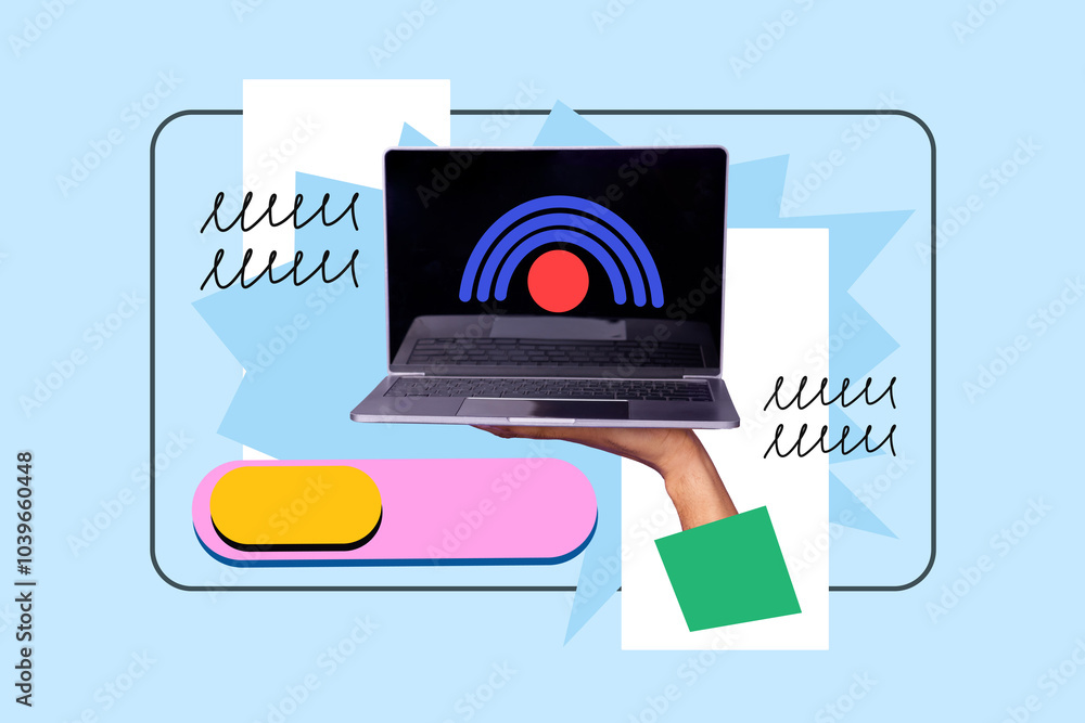 Poster creative collage picture laptop digital device screen wifi signal connection textbox notification so
