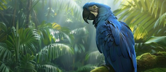 Rescued hyacinth macaw in aviary with space for text. with copyspace image
