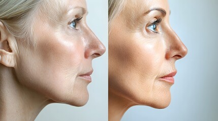 Before-and-after facelift progression, displaying sagging skin and fine lines before surgery, with a smooth, youthful appearance post-procedure