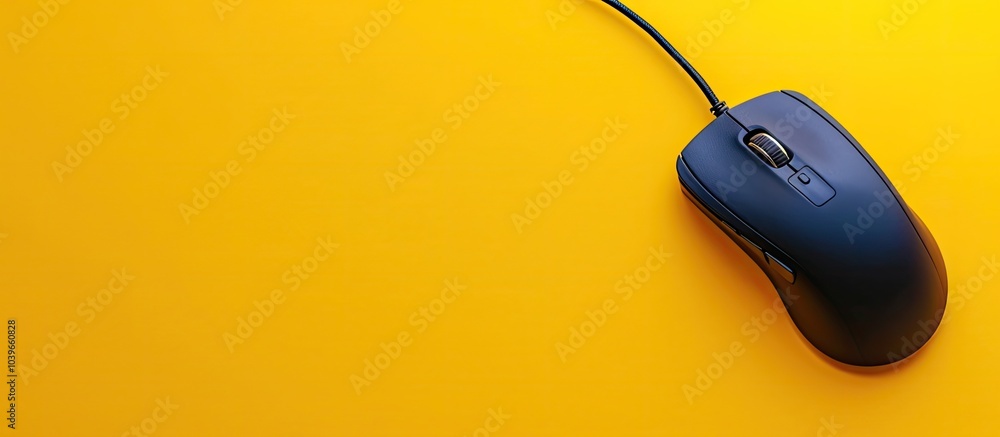 Poster close up shot of a wired mouse and mousepad against a yellow backdrop featuring copy space image