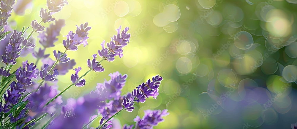 Poster lavender flower in purple on the left side with a green blurred backdrop and space for text or image
