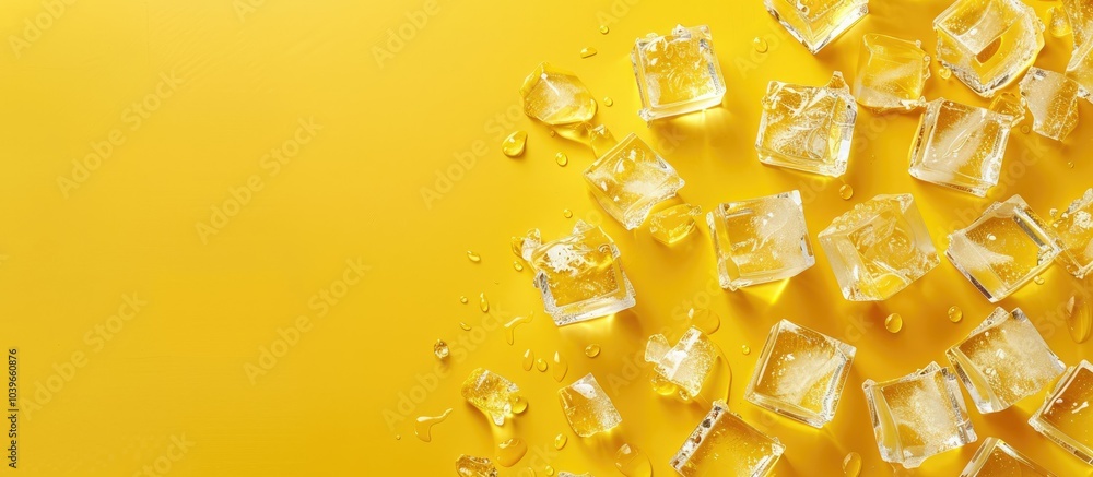 Poster yellow background with crystal clear ice cubes in a flat lay composition leaving room for text in a 