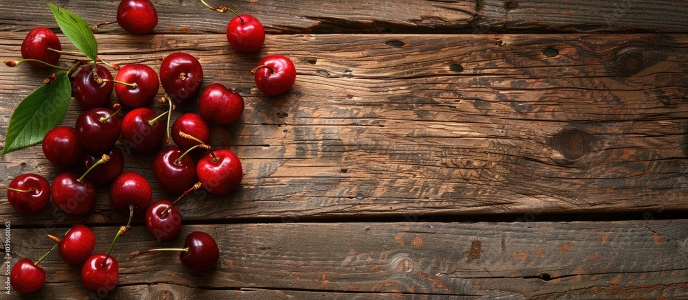 Poster fresh ripe cherries on a textured wooden background creating a vibrant and inviting copy space image
