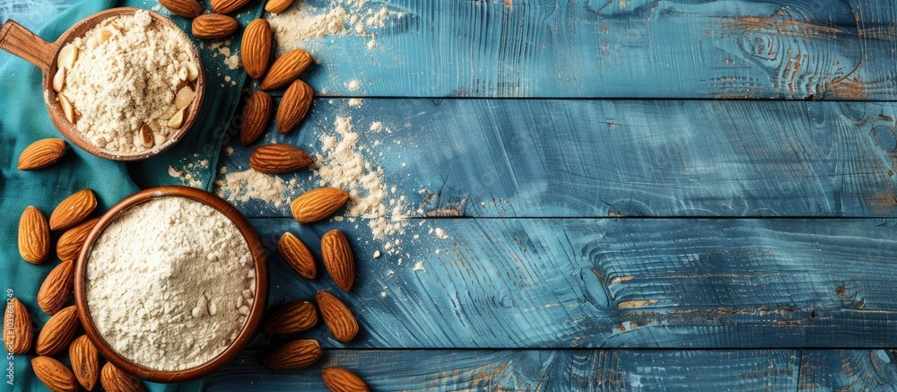 Poster blue wooden table with fresh almond flour and nuts arranged in a flat lay style creating a visually 