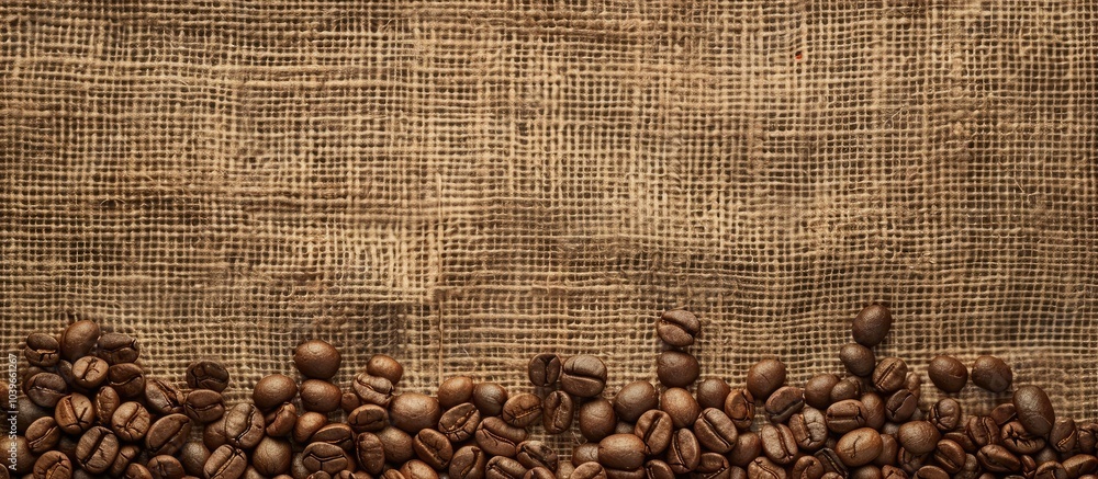 Poster texture of roasted coffee beans on a brown linen backdrop perfect as a flat lay top view with ample 