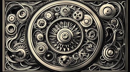 A mandala with steampunk influences, featuring gears, cogs, and metallic components, arranged in a symmetrical pattern. The design blends the industrial mechanics with traditional mandala symmetry,