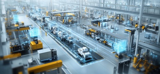 Modern automated factory with assembly line and robots.