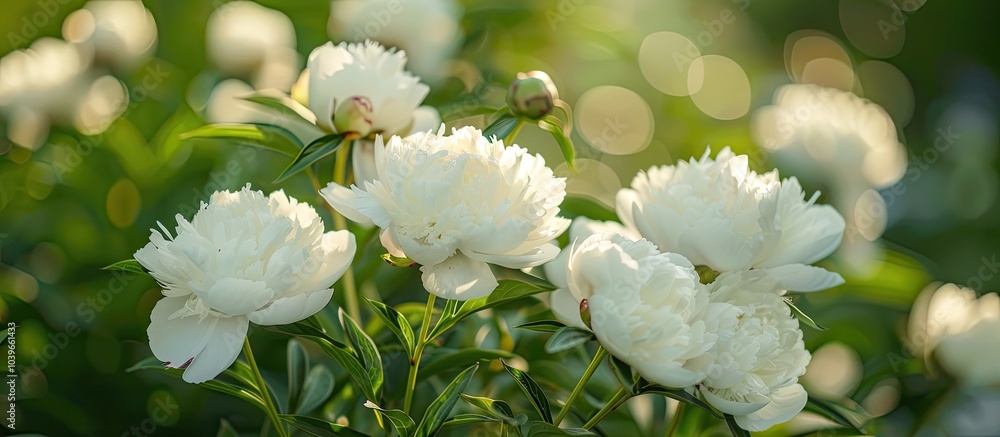 Poster white peonies in full bloom in a charming spring garden setting with a green backdrop the image feat