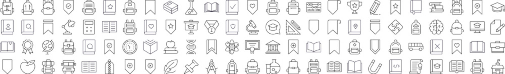 Collection of School, College, University Related Line Icons. Editable Stroke for Design, Web Sites, Apps, Cards. Contains Linear Images of Backpack, Bookmark, Book, Clock