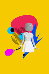 Vertical photo collage of anonym sportswoman tennis player hold racket instead head ball healthy lifestyle isolated on painted background