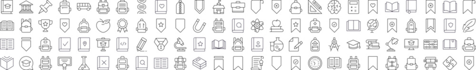 School, College, University Bundle of Related Line Icons. Editable Stroke for Design, Web Sites, Apps, Cards. Contains Linear Images of Backpack, Bookmark, Book, Clock