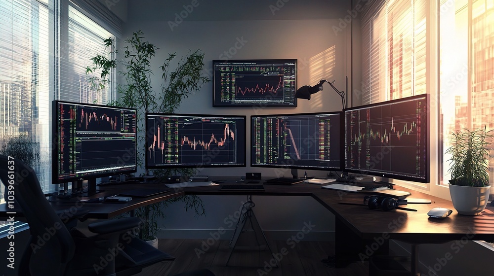 Poster Modern Trading Setup with Multiple Monitors and Data