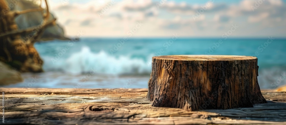 Poster Tree stump table with empty surface for items against a scenic beach backdrop Ample copy space image for products and objects