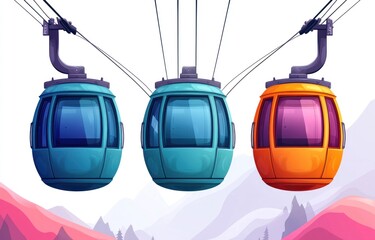 colorful cable cars suspended on wires, featuring red, yellow, and orange designs, minimalist style with city skyline background Generative AI