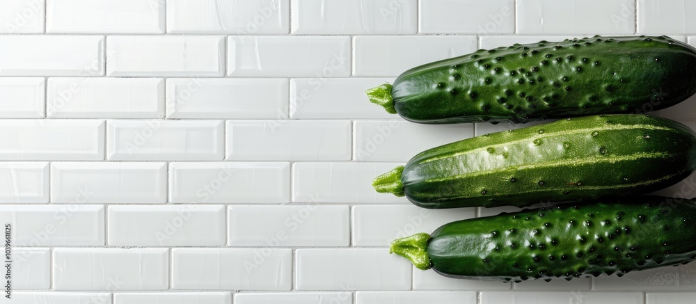 Poster crisp cucumbers displayed on a clean white tile surface creating an appealing copy space image