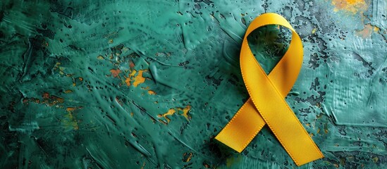 Top view of a yellow awareness ribbon on a green surface with copy space image for adding text