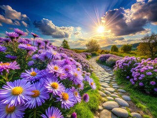 Fototapeta premium Vibrant Purple Asters Blooming in a Kaleidoscope of Colors, Creating a Floral Masterpiece in Nature