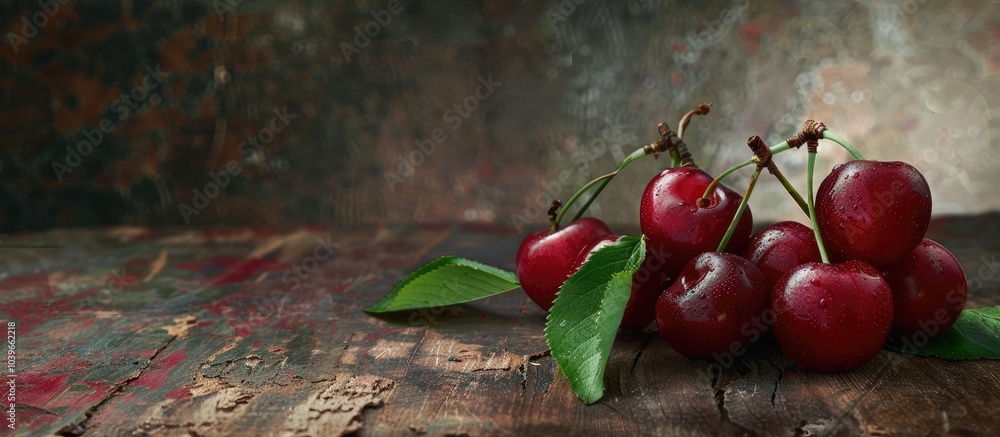 Poster fresh ripe cherries with leaves on a textured wooden background creating a copy space image for a ve