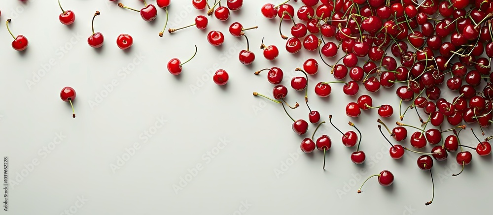 Poster red ripe cherry berries arranged neatly in a flat lay for a top view with space for adding text or o