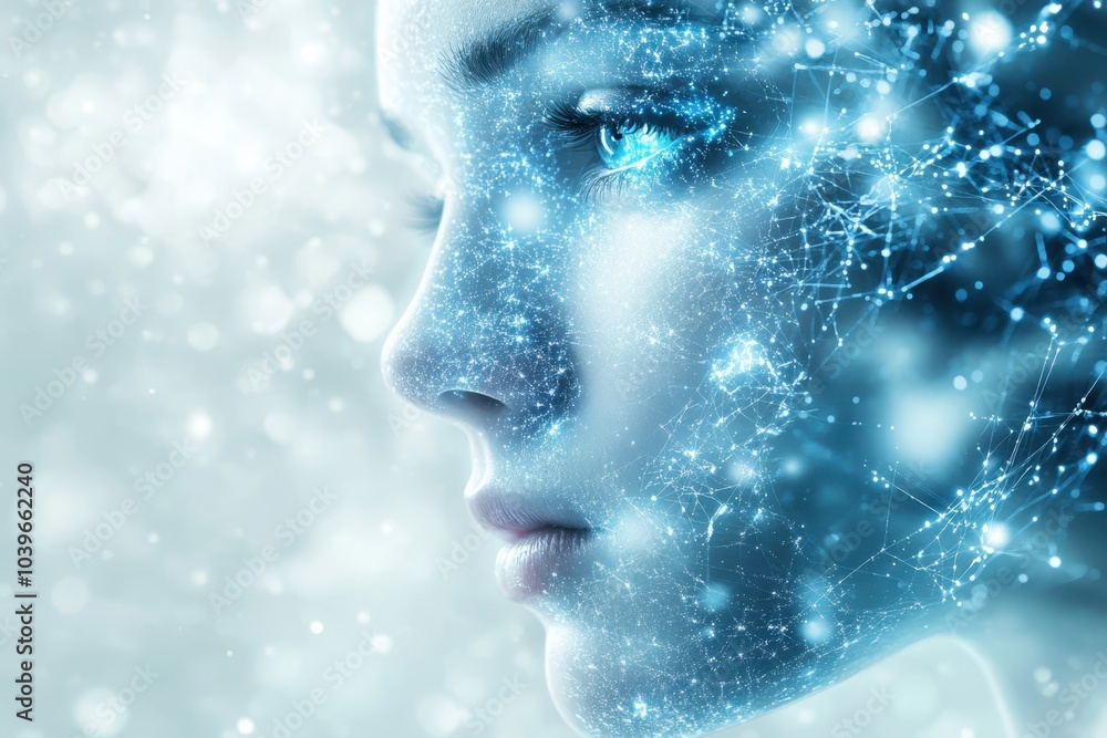 Poster a digital portrait of a woman with glowing data patterns and tech elements surrounding her