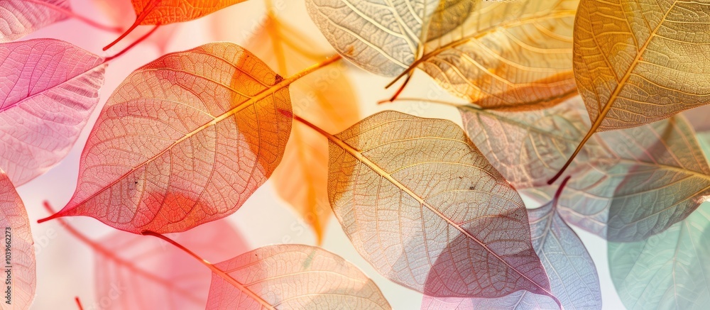 Poster a top down display of colorful see through skeleton leaves with an attractive texture on a pastel ba