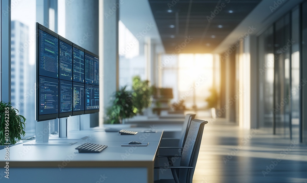 Poster Modern office with multiple monitors displaying code.