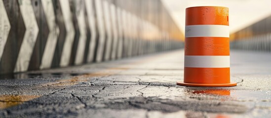 Traffic barrel in orange and white color scheme featuring empty copy space image