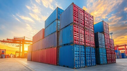 Panoramic View of Stacked Shipping Containers at Terminal