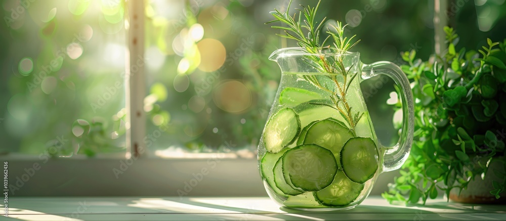 Aufkleber cucumber water with rosemary in a jug on a white table set against a blurred green backdrop offers a
