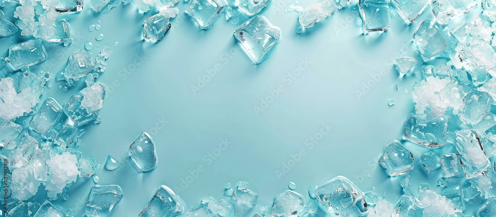Poster top view of crushed ice in a frame against a light blue backdrop with room for text in the copy spac