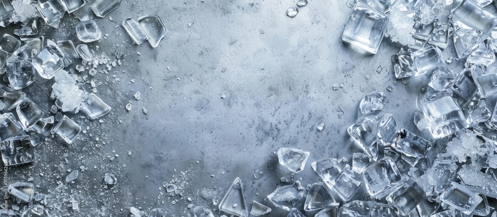 Poster top view of a frame made of crushed ice on a grey background with copy space image available