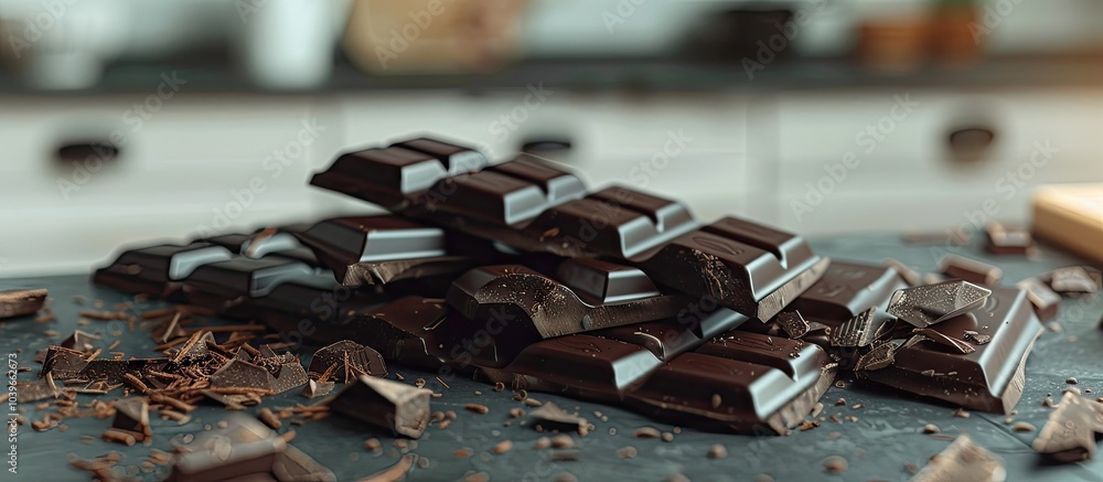 Poster dark chocolate displayed as a broken chocolate bar on a kitchen table with copy space image
