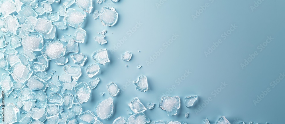 Poster top view of crushed ice in a frame against a light blue backdrop with room for text in the copy spac
