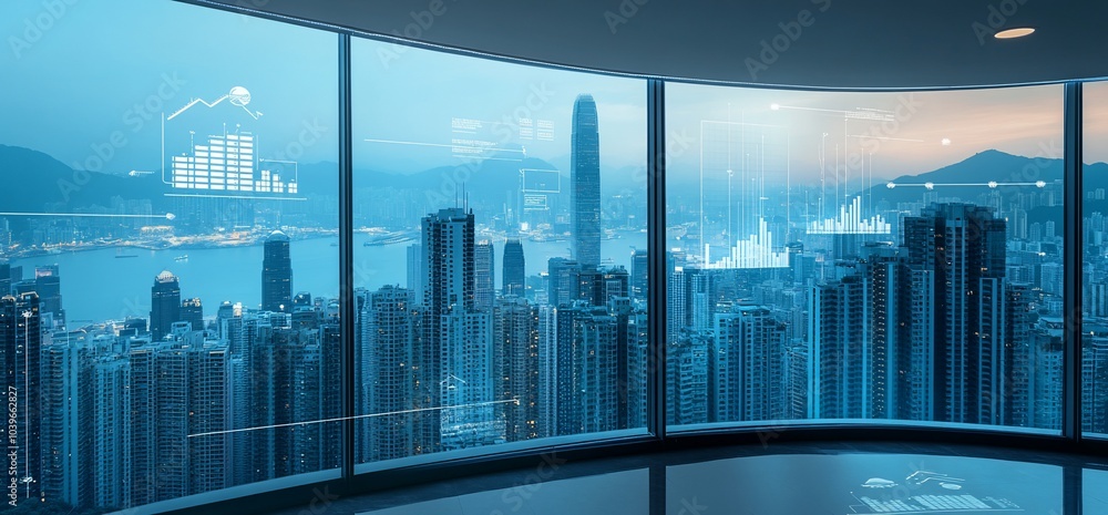 Poster panoramic view of a cityscape with skyscrapers, a bay, and a bright blue sky. there are translucent 